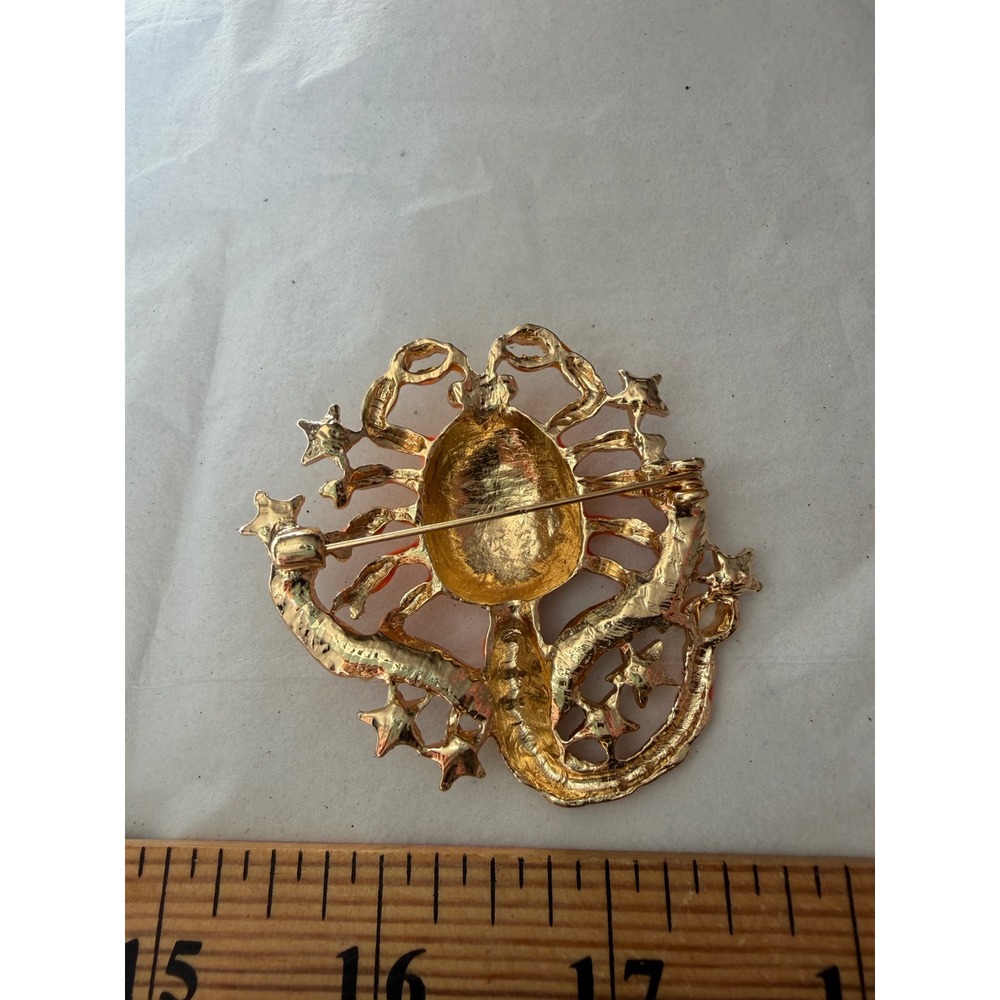 Gold Tone Orange Enamel Scorpion Brooch Pink Rhinestone Celestial Star Pin - Picture 4 of 5